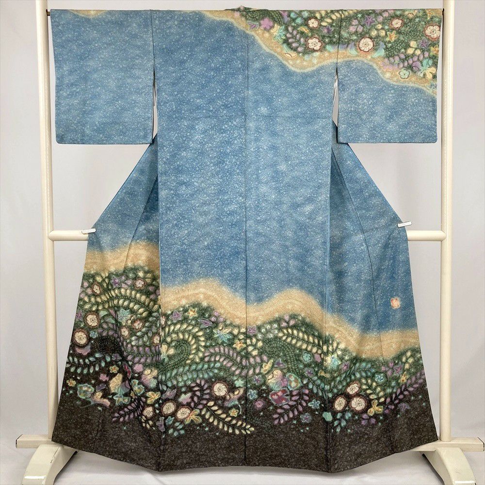 中古） 訪問着 水色 茶 セミフォーマル 金通し 辻が花 染め 絞り 袷 絹