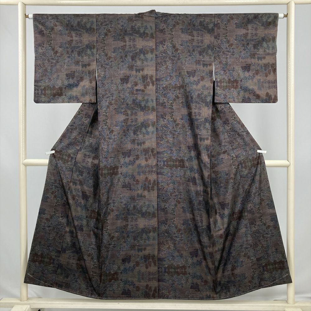 中古） 大島紬 焦げ茶 カジュアル 抽象柄 袷 絹【身丈】150.5cm【裄丈