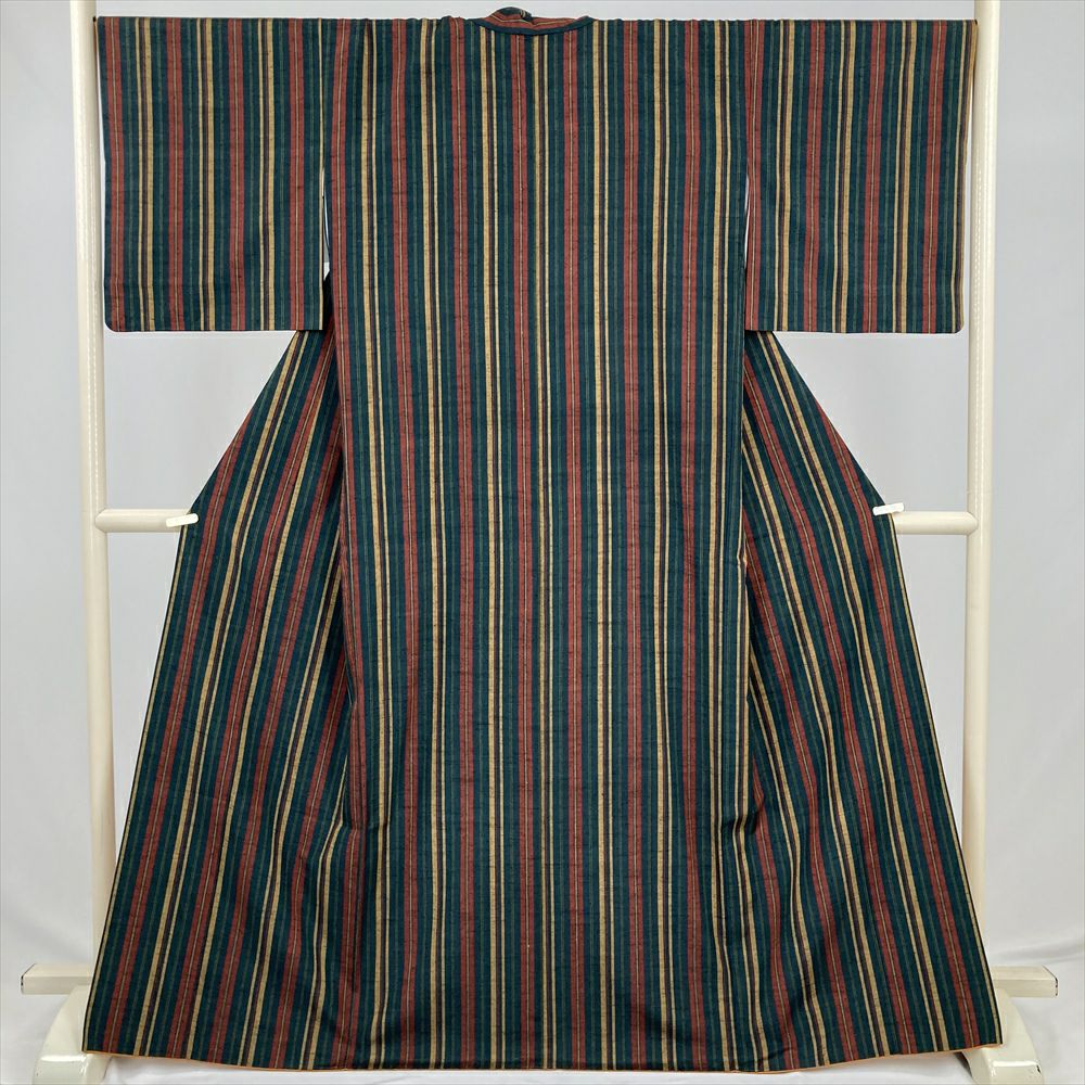 中古） 紬 紺 カジュアル 縞 袷 M【身丈】162cm【裄丈】68.5cm