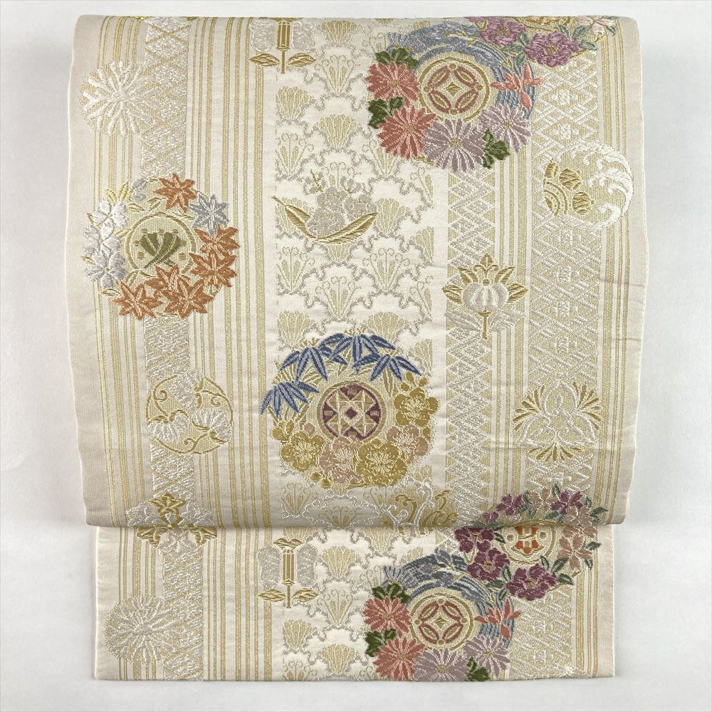 中古）袋帯 金 フォーマル セミフォーマル 六通 切箔 金糸 色糸 花の丸
