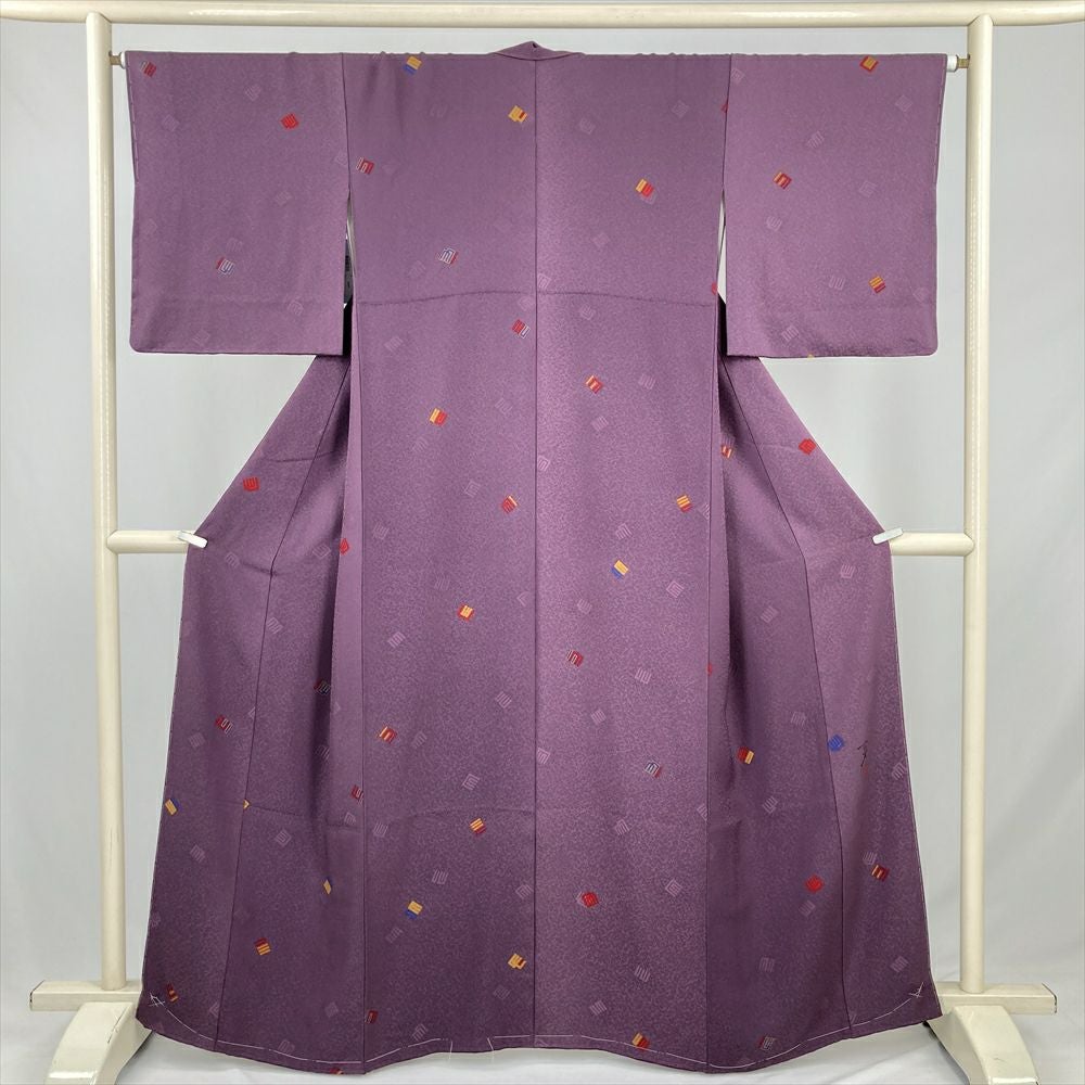 中古） 小紋 ブルーグレー カジュアル 縮緬 菊に露芝文様 袷 絹 【身丈