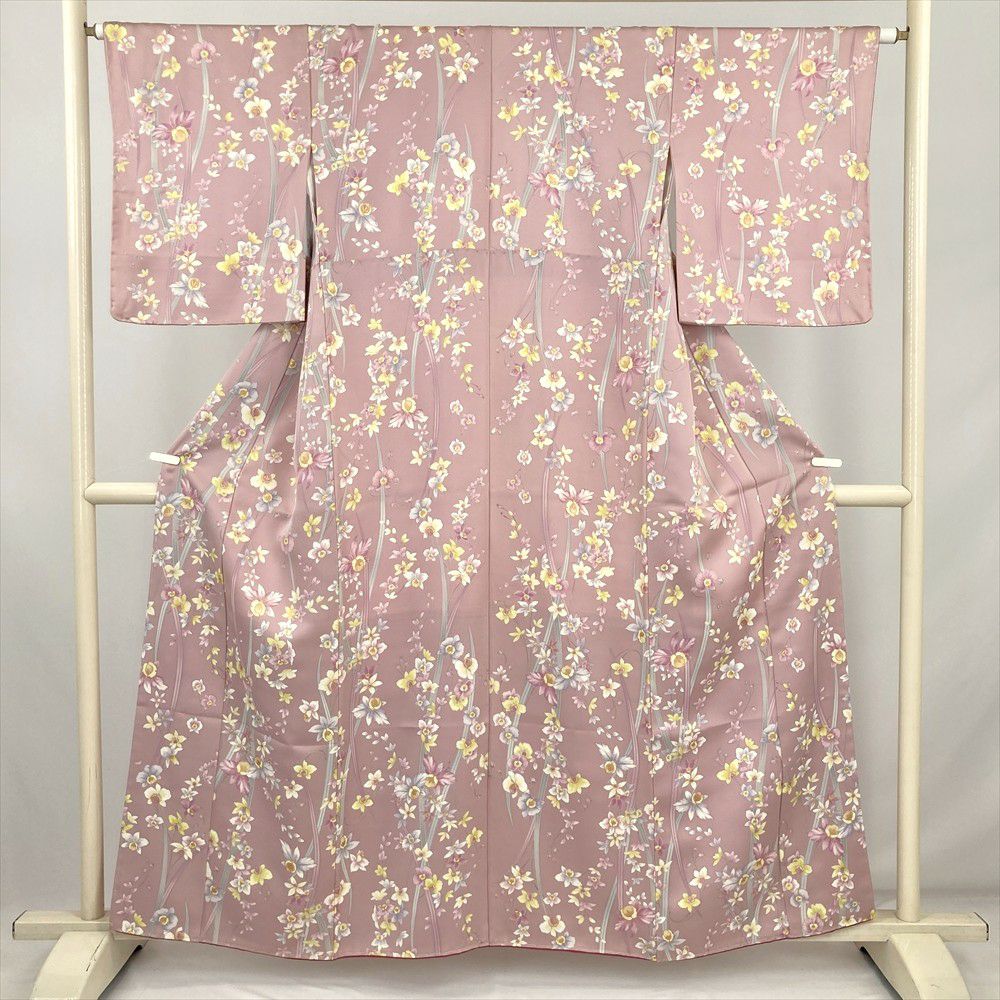 中古) 小紋 ピンク カジュアル すいせんの花 袷 絹 【身丈 中古) 小紋 ピンク カジュアル すいせんの花 袷 絹 【身丈