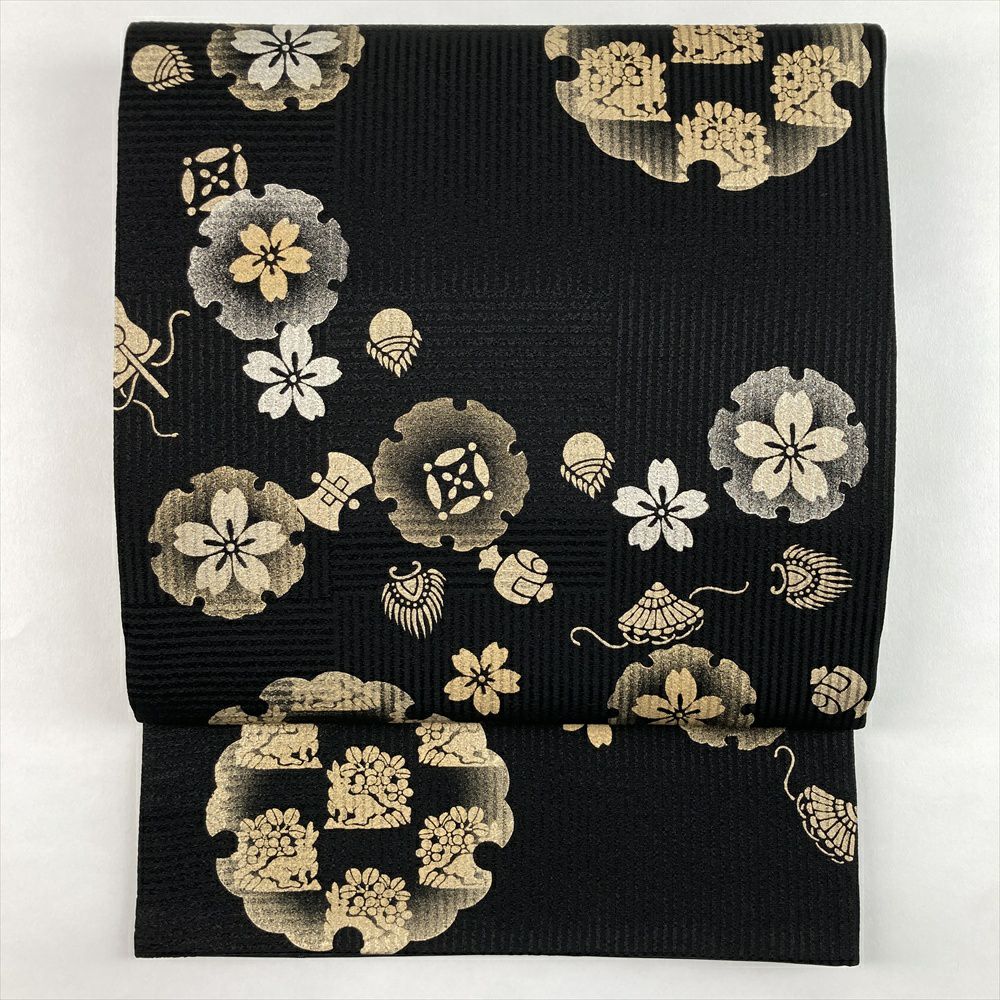 中古）袋帯 焦げ茶色 セミフォーマル 六通 金糸 流水 菊花 絹