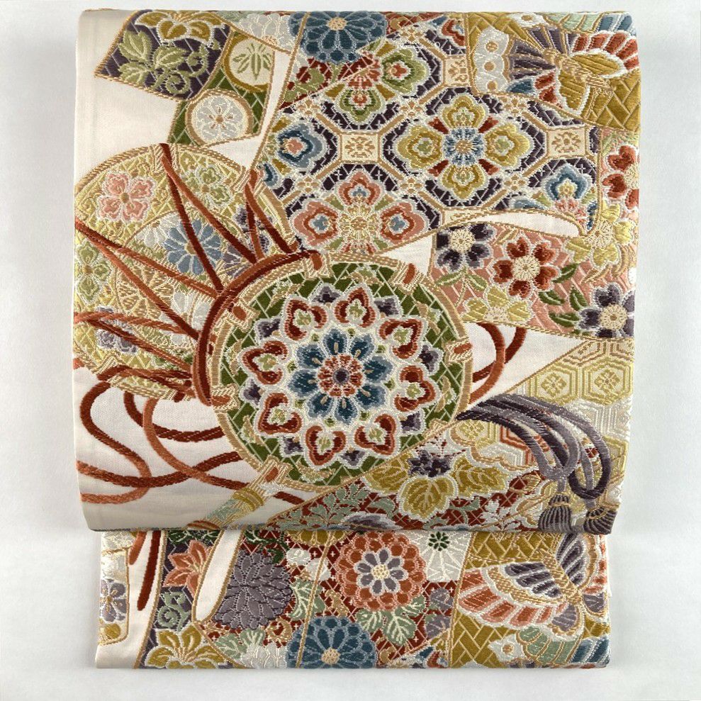 中古）袋帯 金茶 セミフォーマル フォマール 六通 織り 花鳥亀甲文 絹