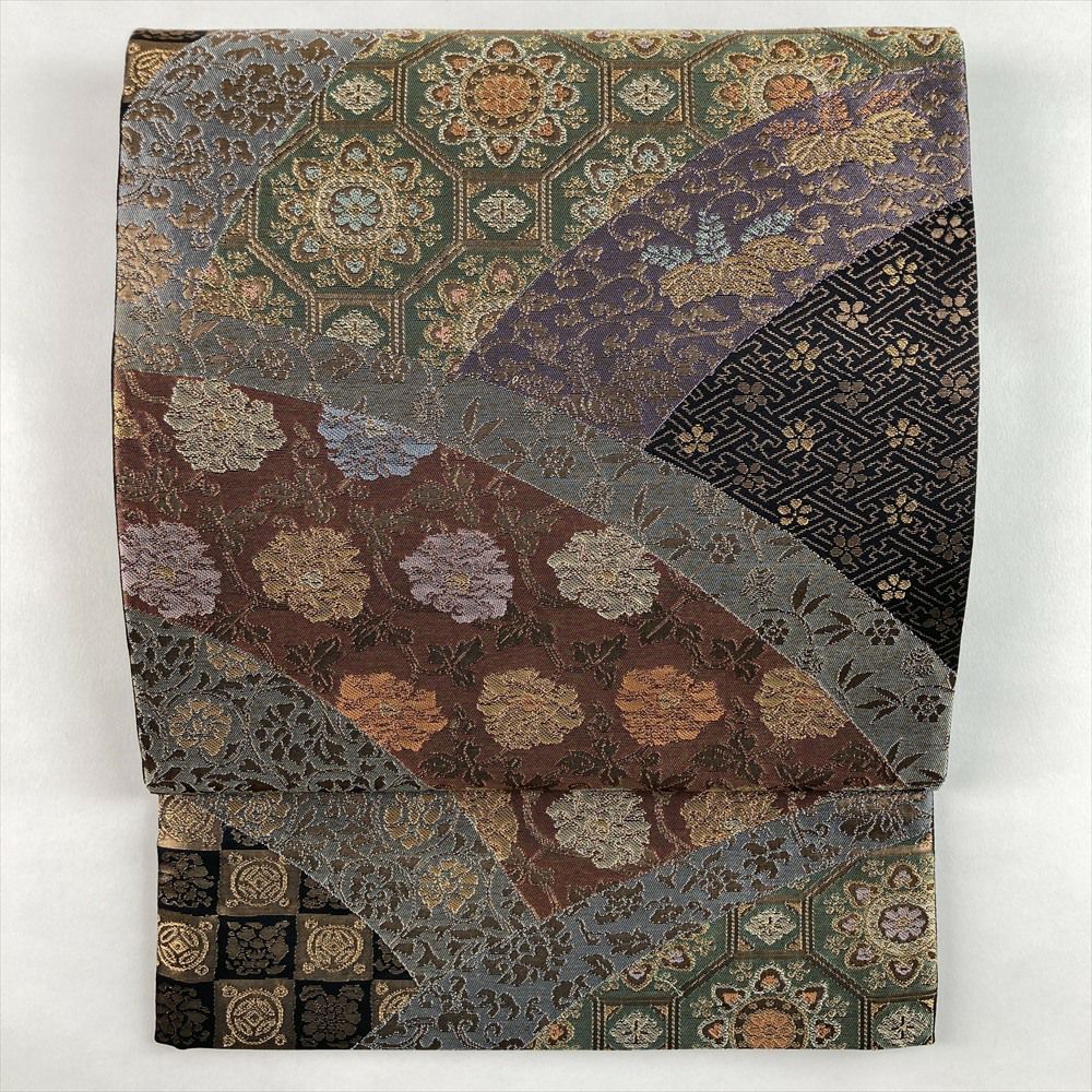 中古）袋帯 金 灰緑 フォーマル 全通本金箔本袋 遺宝名物和州文 裂取り