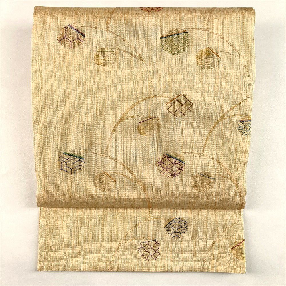 中古)袋帯 ベージュ カジュアル 六通 織り 金糸 吉祥文 絹 中古)袋帯 ベージュ カジュアル 六通 織り 金糸 吉祥文 絹
