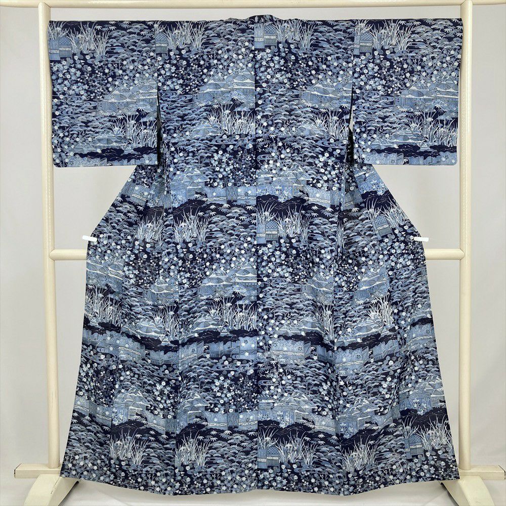 小紋 着物 中古 明石 ちぢみ 単衣 カジュアル 格子模様 枯色 灰汁色 身丈158cm 裄65cm M きもの北條 A891-7 夏物 明石ちぢみ 単衣 着物 リサイクル 正絹 明石縮み 黒 グレー