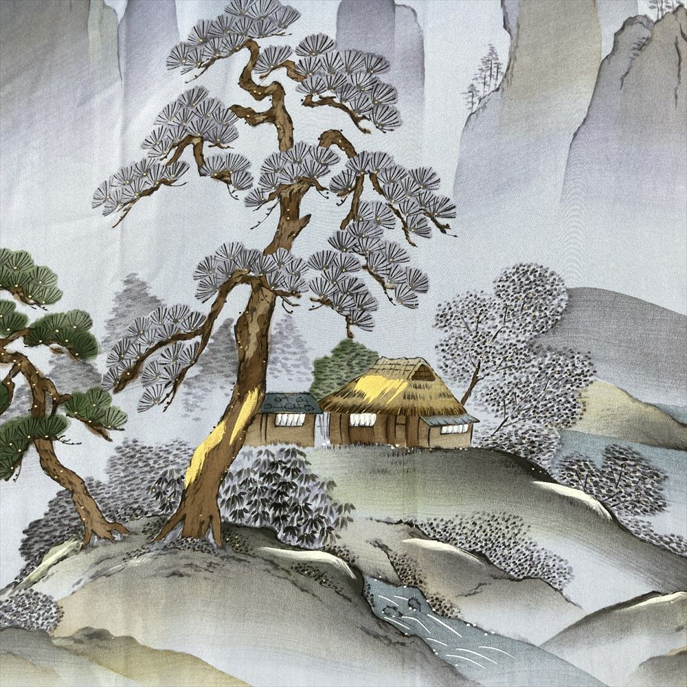 中古） 男物長襦袢 灰青 景色文 絹【身丈】142.5cm【裄丈】68cm