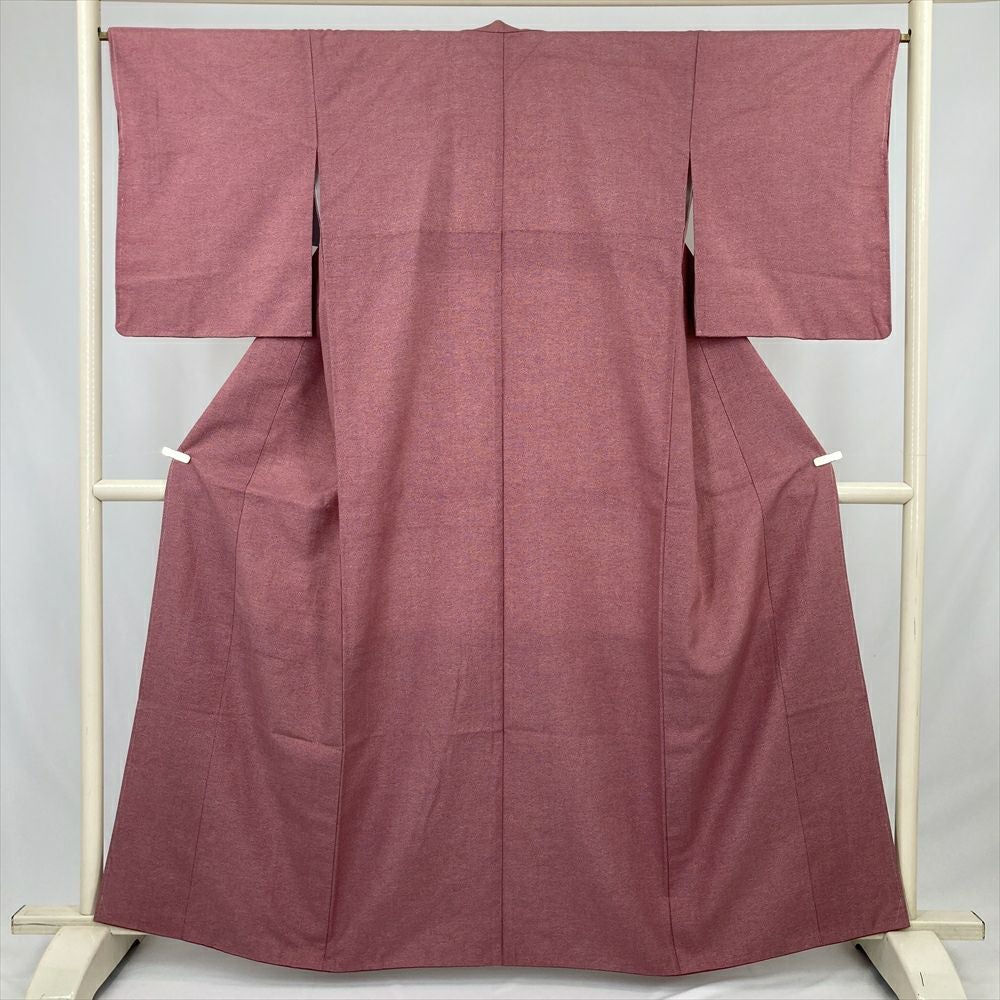 中古）紬 赤 カジュアル 横段 幾何学 袷 S【身丈】158.5cm【裄丈】65.5cm