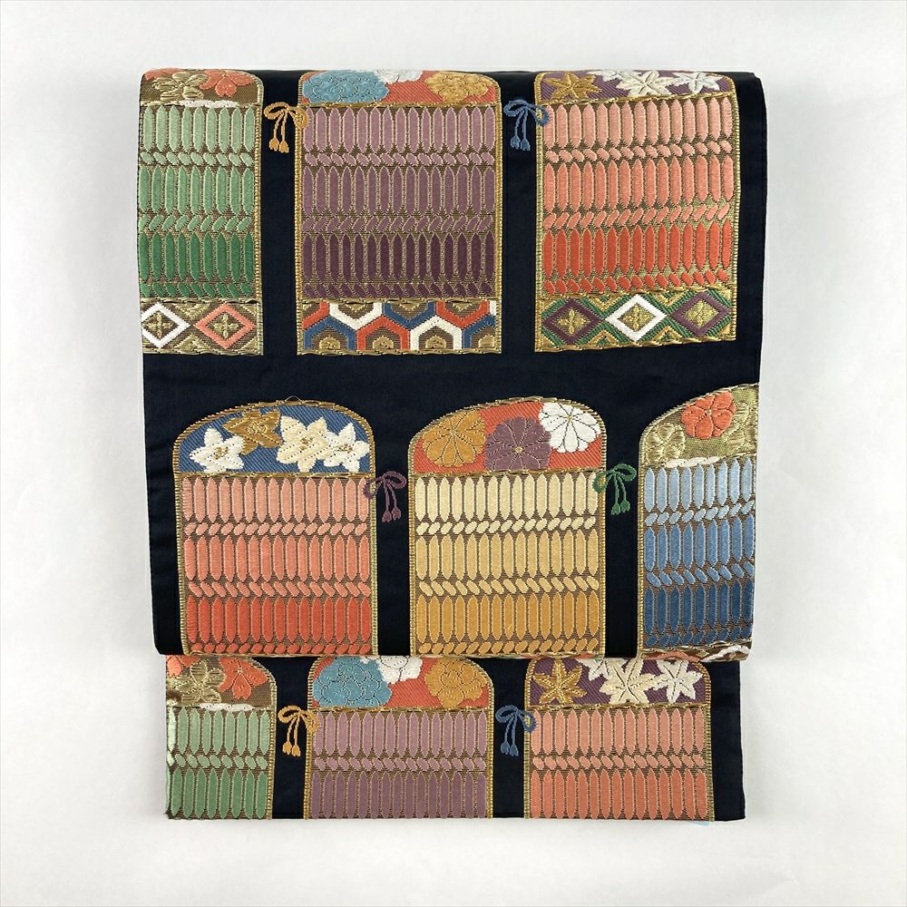 袋帯　汕頭刺繍　紺色　金 袋帯 フォーマル リサイクル 正絹 手刺繍 金駒刺繍 汕頭刺繍 スワトウ