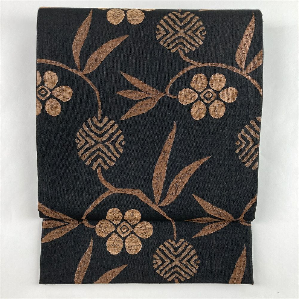 正絹六通作家物？袋帯　未使用本日まで掲載終了 中古）袋帯 黒茶 カジュアル 六通 織り 笹蔓文 絹