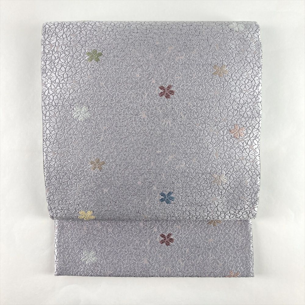 中古）名古屋帯 薄水色 カジュアル ちりめん 染め 流水 桜 紅葉 絹