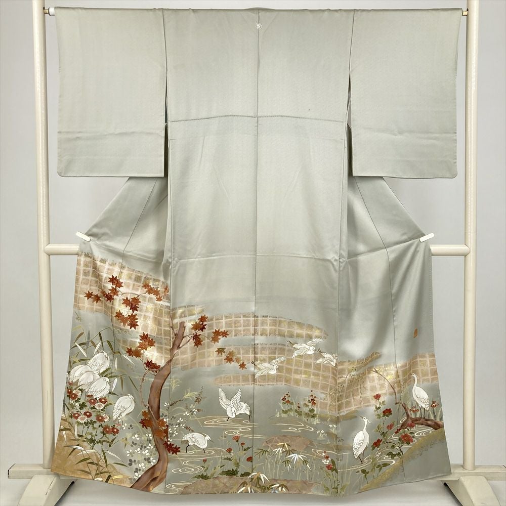 中古） 色留袖 濃グレー フォーマル ちりめん 染め金駒刺繍 金彩 鳳凰