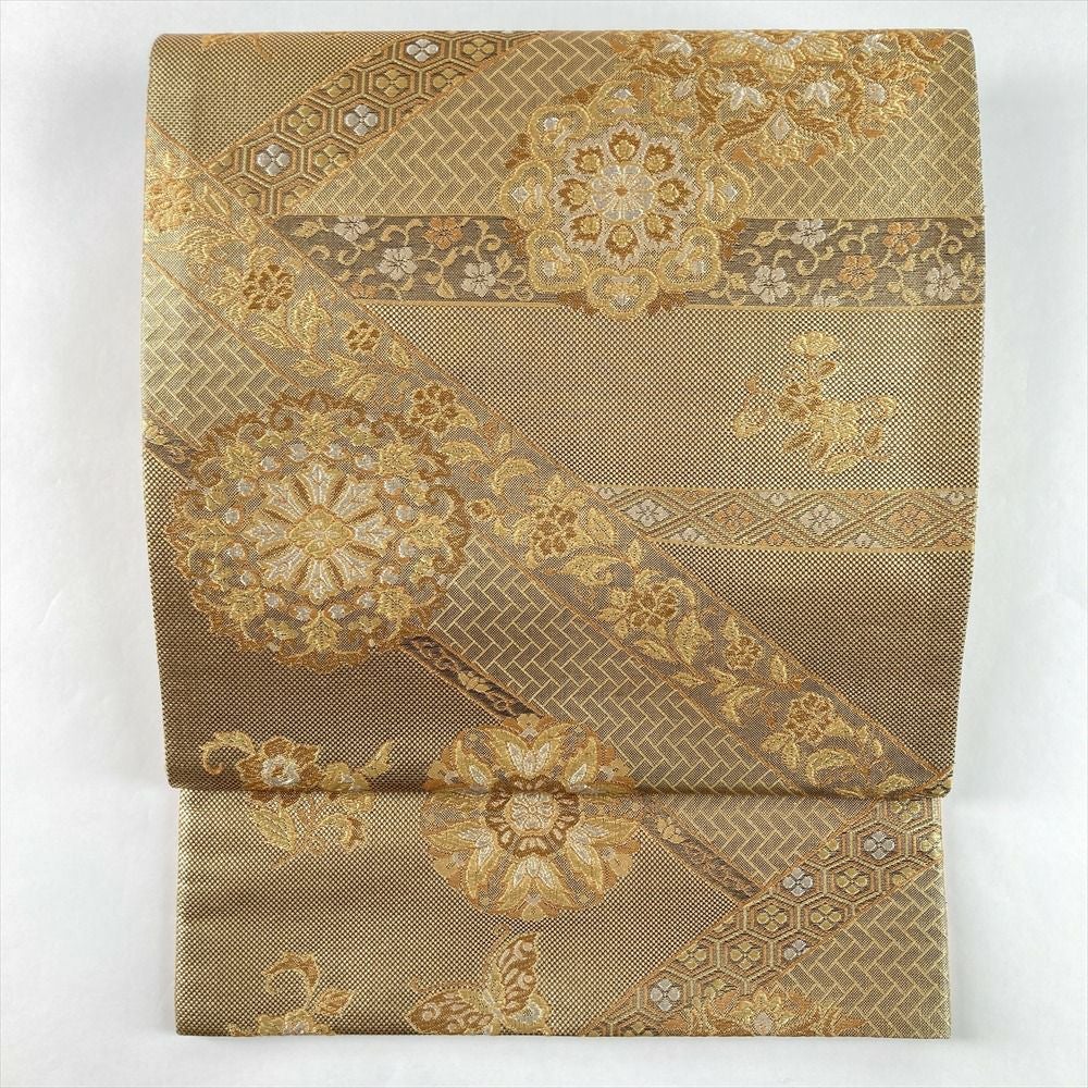 袋帯 正絹 丸文に鳳凰紋様 金糸 ゴールド系 六通柄 フォーマル 礼装 長さ440cm【中古】 【キモノオフ野々市若松店】 中古）袋帯 金 フォーマル セミフォーマル 六通 切り嵌め 蔓花 華文