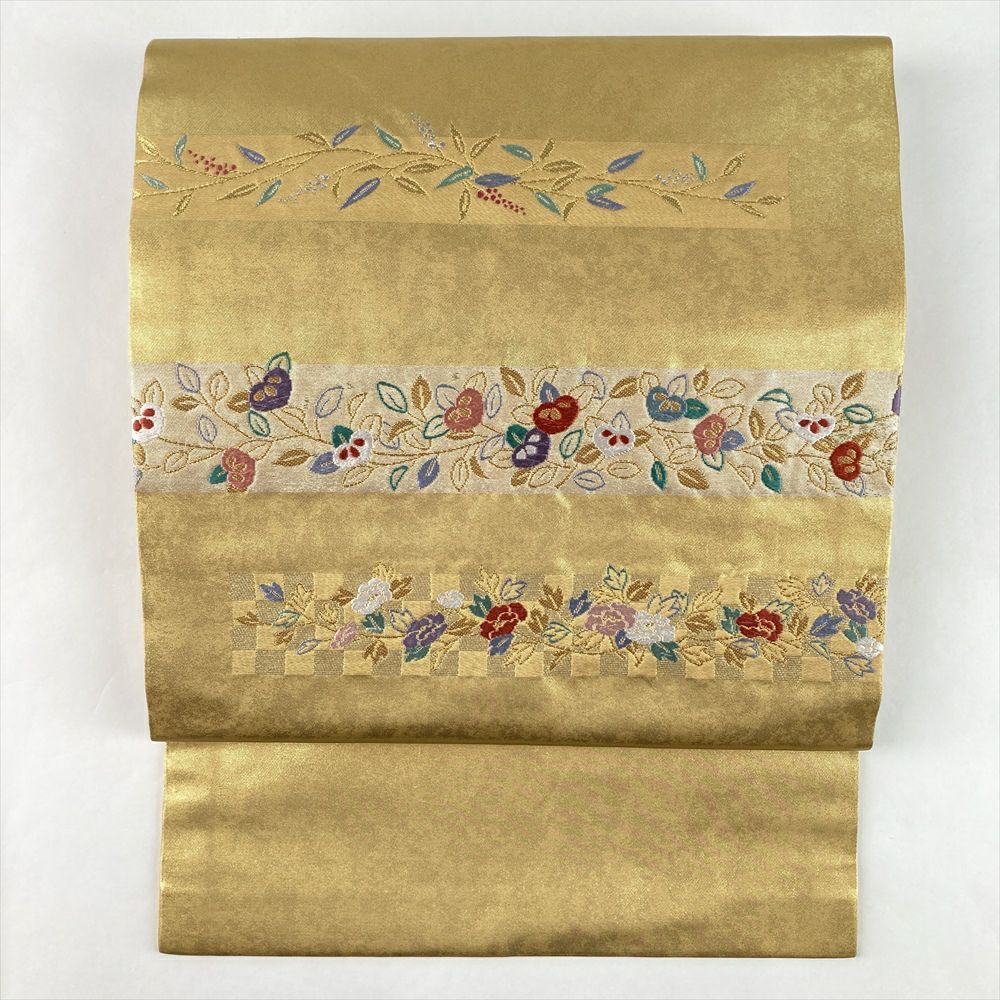 中古）名古屋帯 白 金 セミフォーマル 松葉仕立て 綴れ織り 花 絹