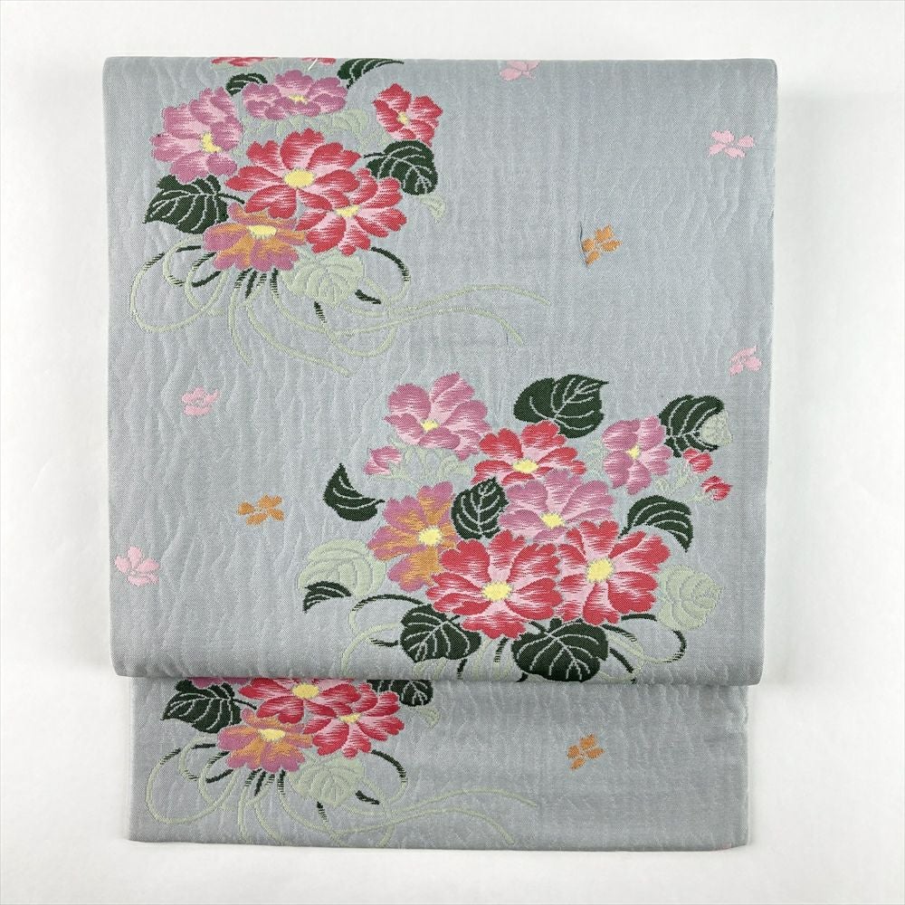 中古）九寸名古屋帯 オレンジ 金糸 松 竹 牡丹 菖蒲【総丈】338cm
