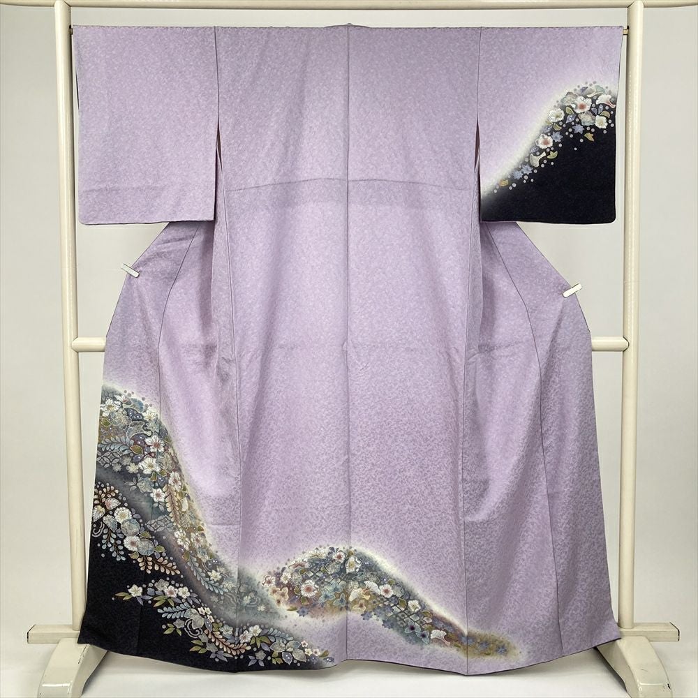 中古） 訪問着 ブルーグレー 紺 セミフォーマル 蘭 菊 袷 絹【身丈