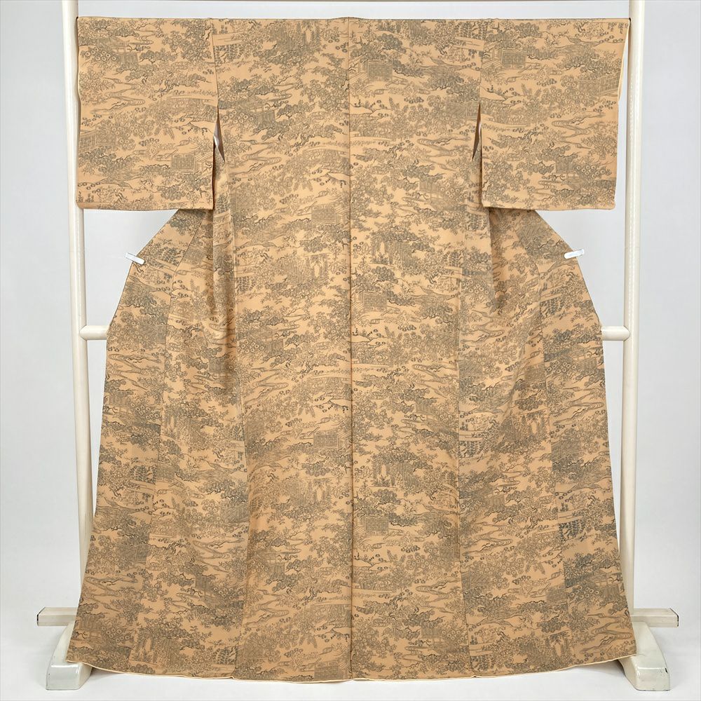 中古） 小紋 黄緑 カジュアル 菊 袷 絹【身丈】155.5cm【裄丈】68.5cm