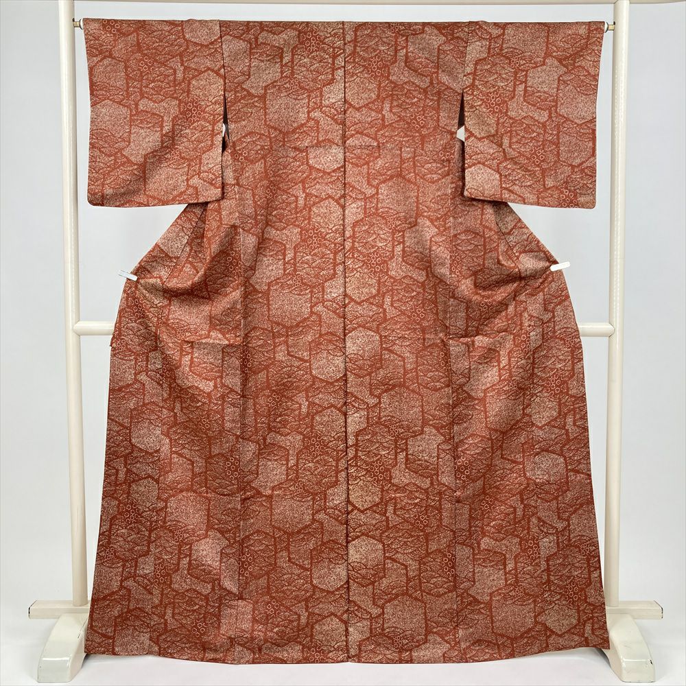 中古） 小紋 黄色 芥子色 カジュアル 地紋織り 染め 金彩 椿 袷【身丈