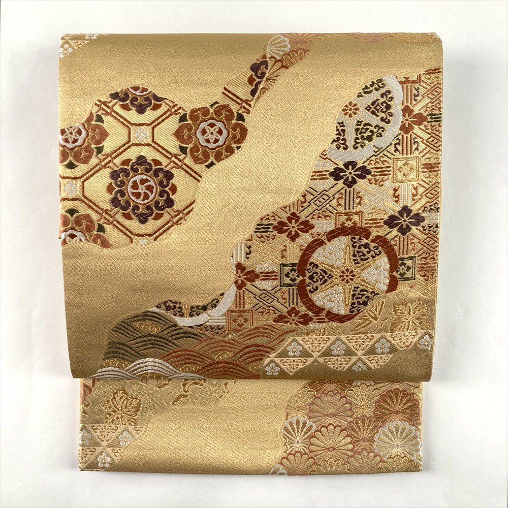 中古）袋帯 金 セミフォーマル フォーマル 六通 織り 山取り 流水 花草 絹