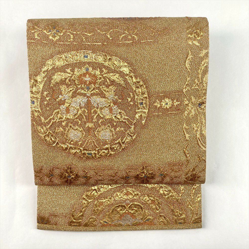 中古）袋帯 薄緑 セミフォーマル 六通 汕頭刺繍 金彩 銀彩 天平 華文 絹