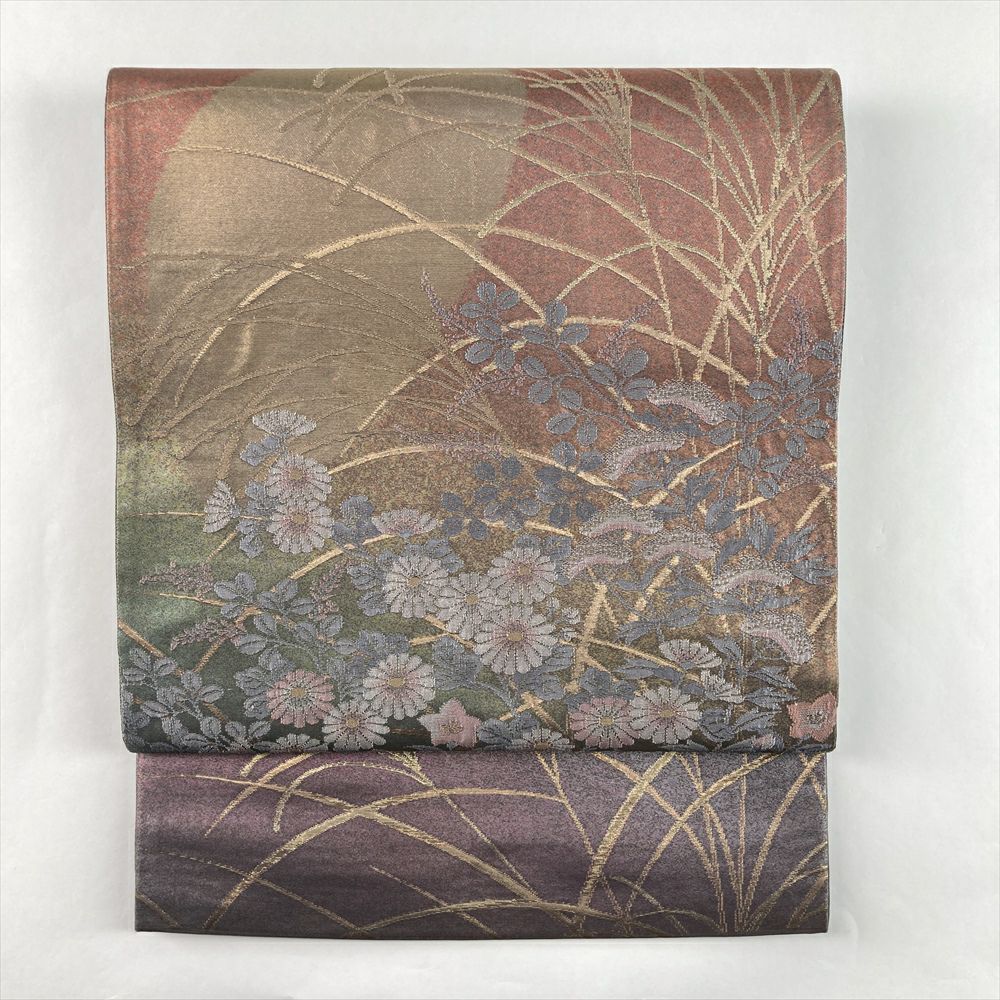 中古）袋帯 緑 セミフォーマル 六通 刺繍 華文 唐花 七宝 絹