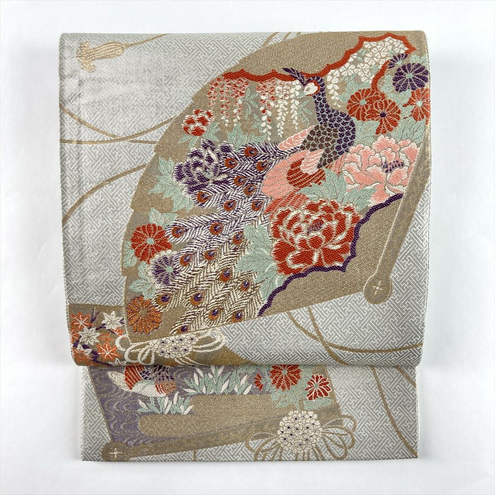 中古）袋帯 銀 フォーマル セミフォーマル 六通 切箔 雪輪青海波 菊 桜