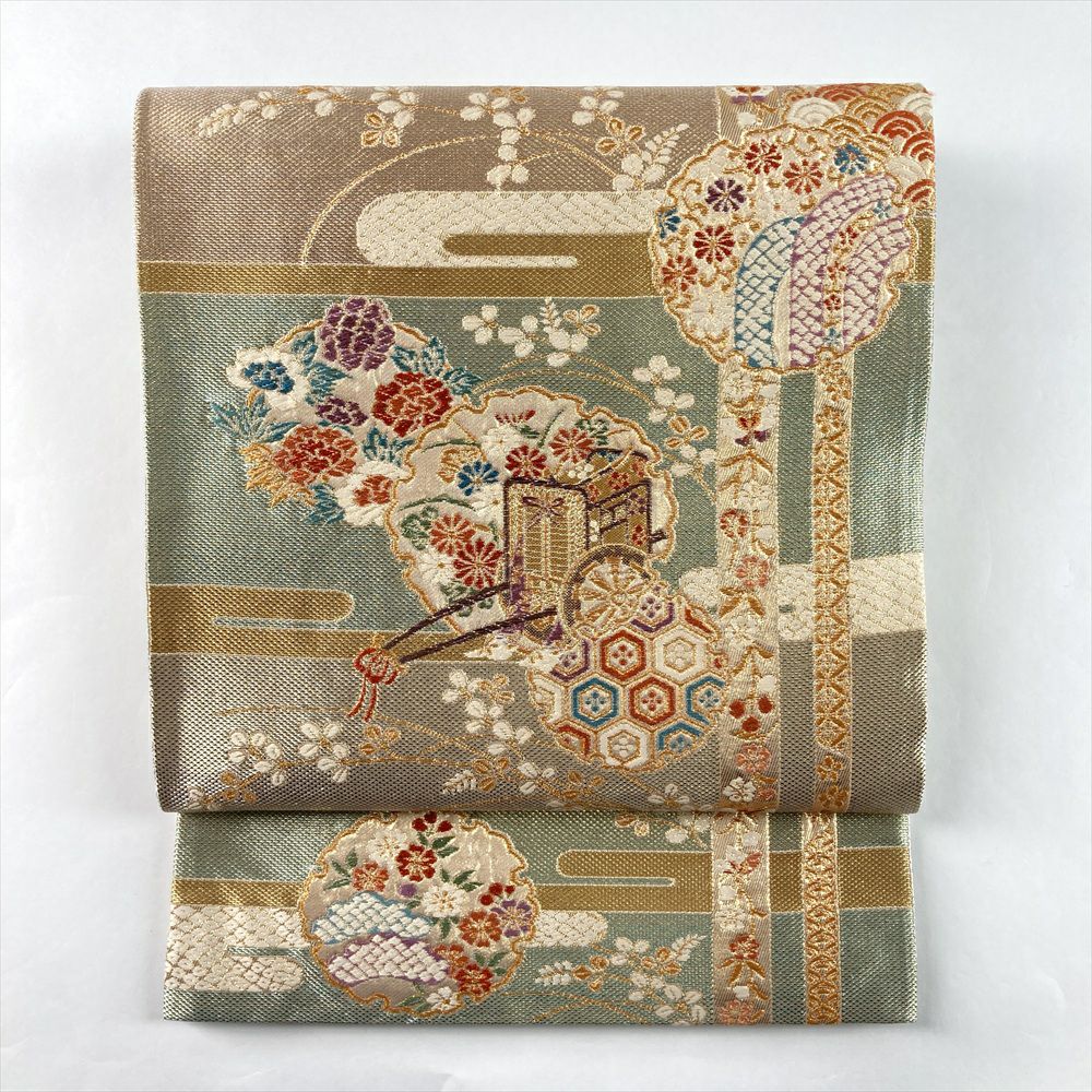 中古）袋帯 金 セミフォーマル フォーマル 六通 織り 山取り 流水 花草 絹