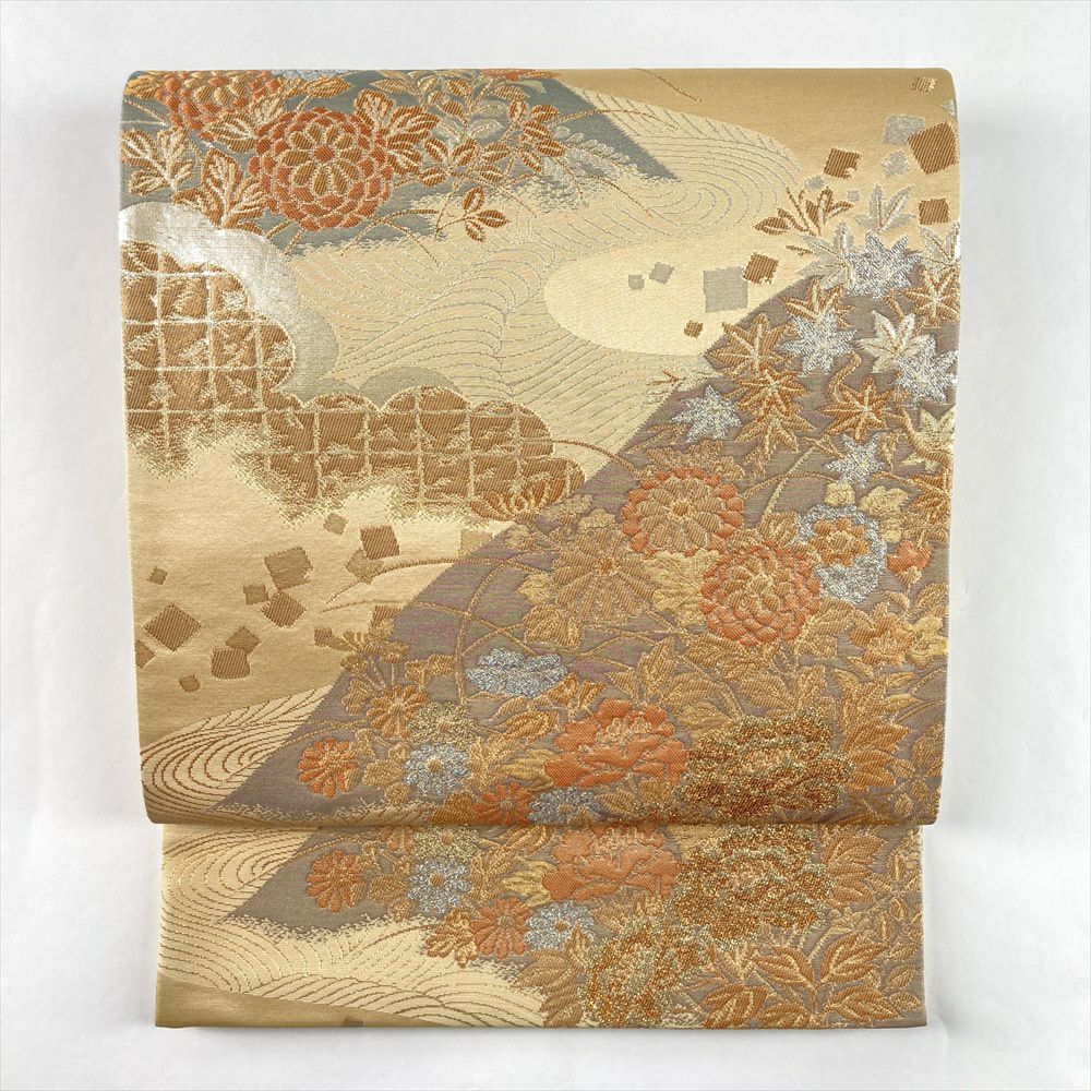 中古）袋帯 金 セミフォーマル フォーマル 六通 織り 山取り 流水 花草 絹