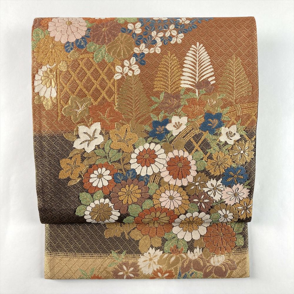 袋帯　市松模様　花紋　花菱　菊菱　金糸　銀糸　着物　042a p 中古）袋帯 金 フォーマル 六通 金糸 市松地 宝華文 向い蝶文 松 蔓花