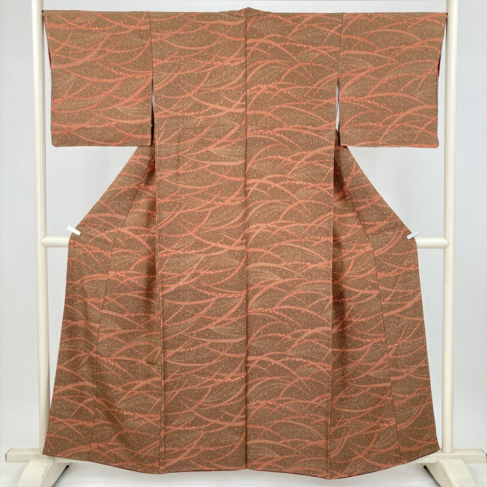 中古） 小紋 赤色 カジュアル 染め 絞り鹿の子 亀甲 袷【身丈】150cm