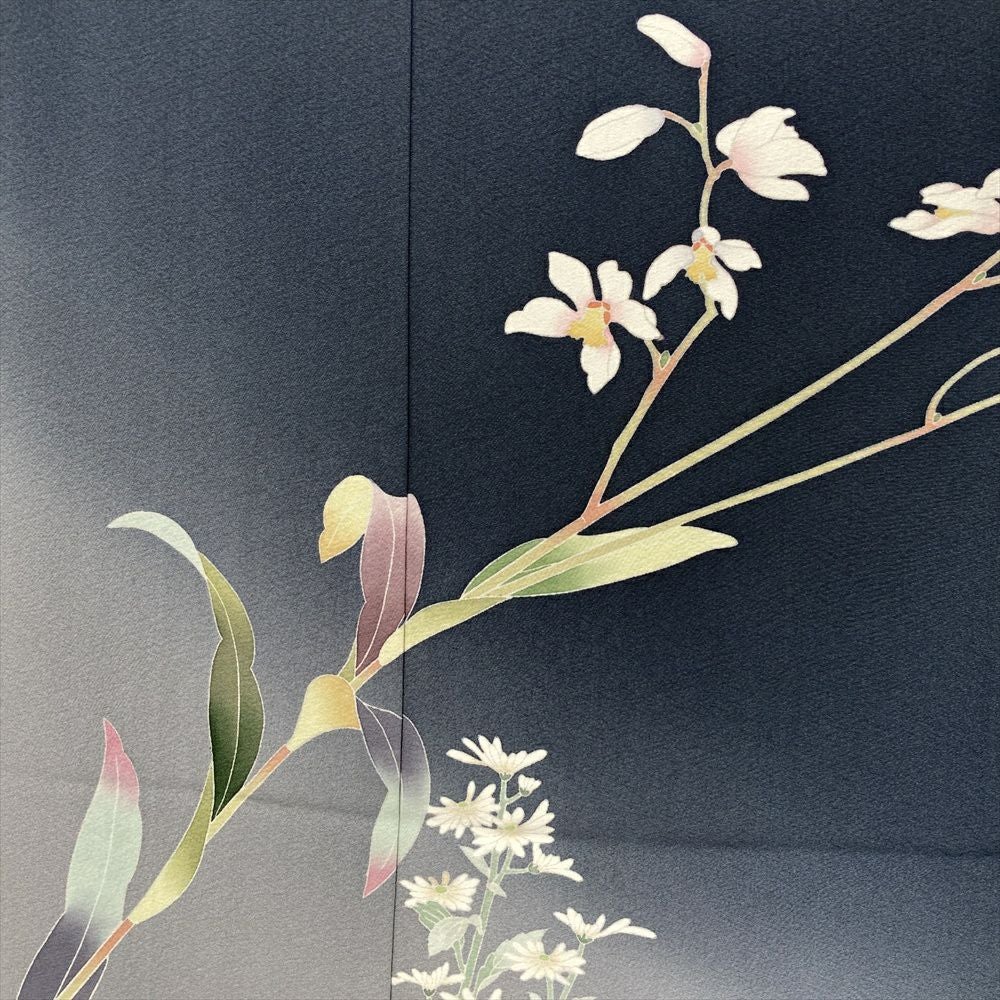 中古） 訪問着 ブルーグレー 紺 セミフォーマル 蘭 菊 袷 絹【身丈