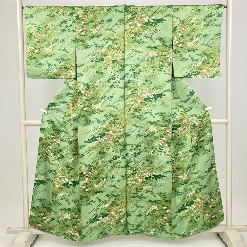 中古） 小紋 薄緑 カジュアル 草花文 袷 絹【身丈】153.5cm【裄丈】66cm