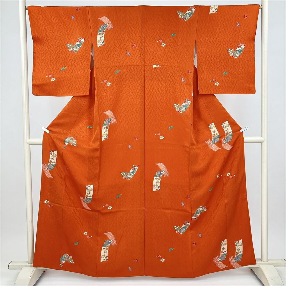 中古） 小紋 橙 オレンジ カジュアル 松皮菱 袷 絹【身丈】161cm【裄丈