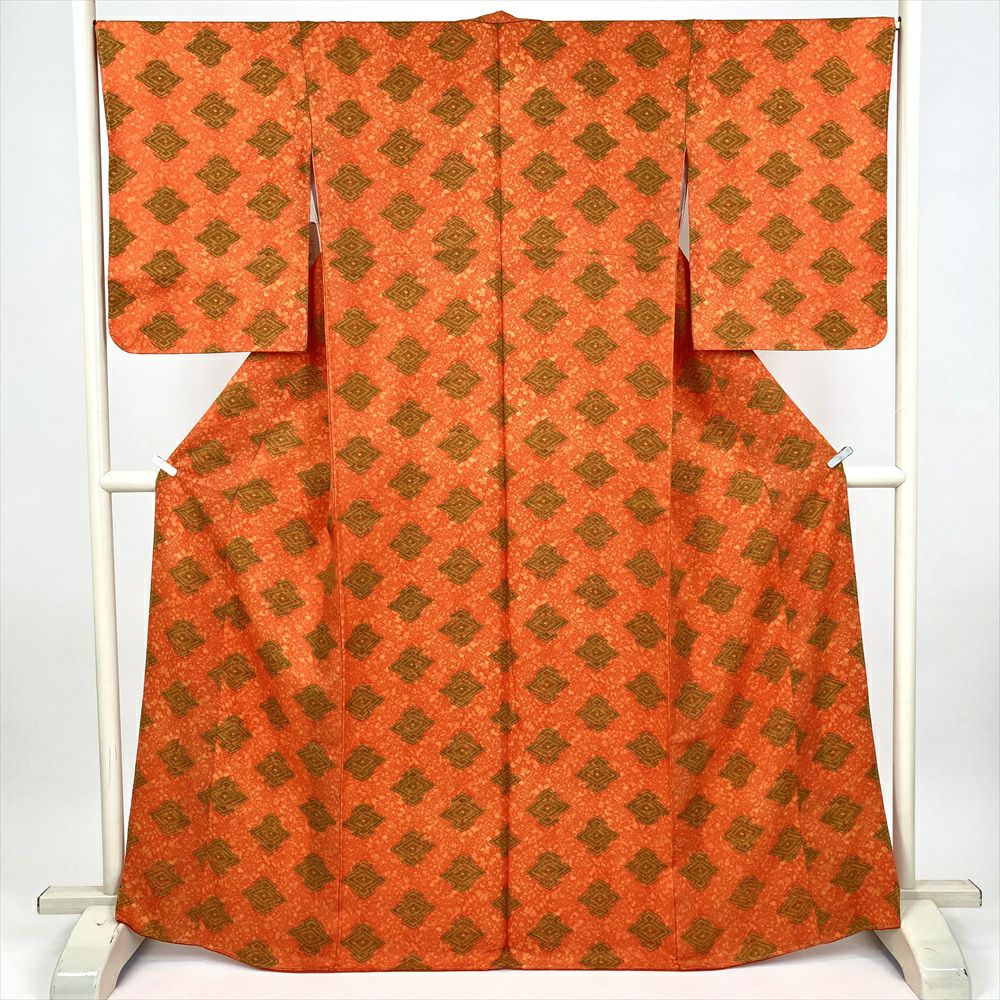 小紋/美品/オレンジ/青海波/仕立上がり/適応身長150～155㎝/12419 Prices down3）(中古品)仕立て上がり 袷着物 「オレンジ 庭風景」 小紋