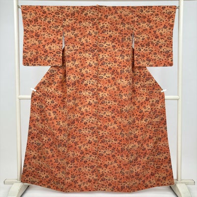 中古） 小紋 橙 オレンジ カジュアル 和更紗 袷 絹【身丈】153.5cm【裄 