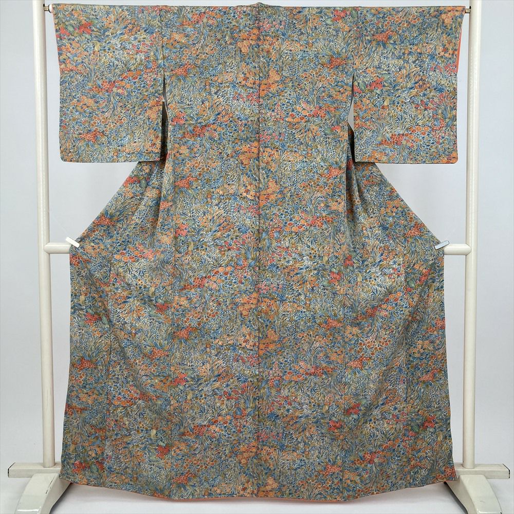中古） 小紋 橙 オレンジ カジュアル 和更紗 袷 絹【身丈】153.5cm【裄