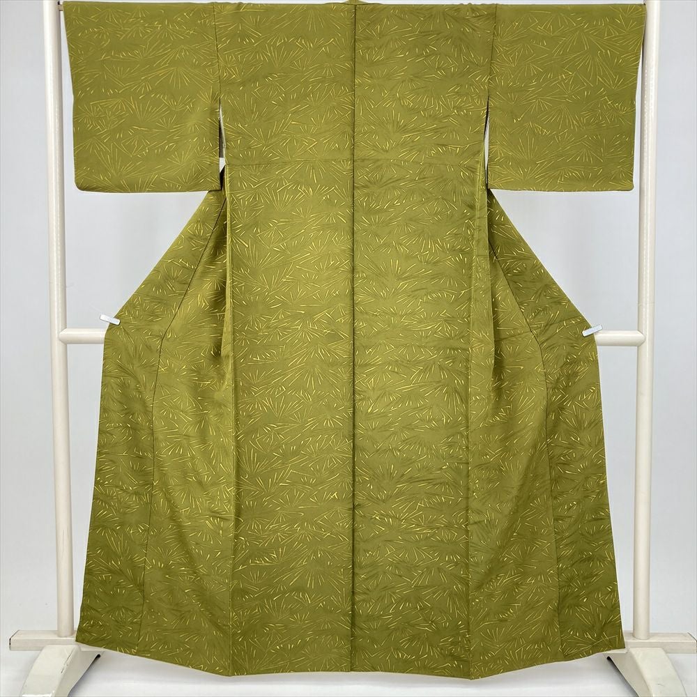 中古） 小紋 黄緑 カジュアル 菊 袷 絹【身丈】155.5cm【裄丈】68.5cm