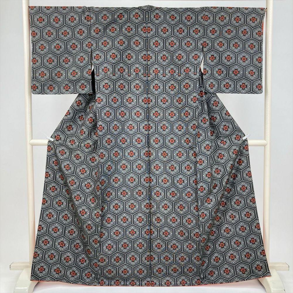 中古） 紬 白 生成 カジュアル 裂取り オリエンタル 袷 絹【身丈