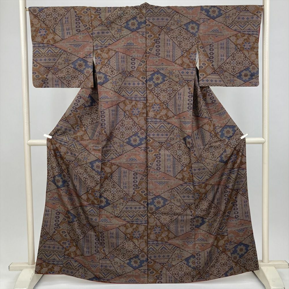 mimi【身長160㎝〜170㎝の方向け】正絹　アンティーク古典 美品】 小紋 身丈155cm 裄丈63cm S 袷 華文 鹿 縮緬 深緑 正絹 優品