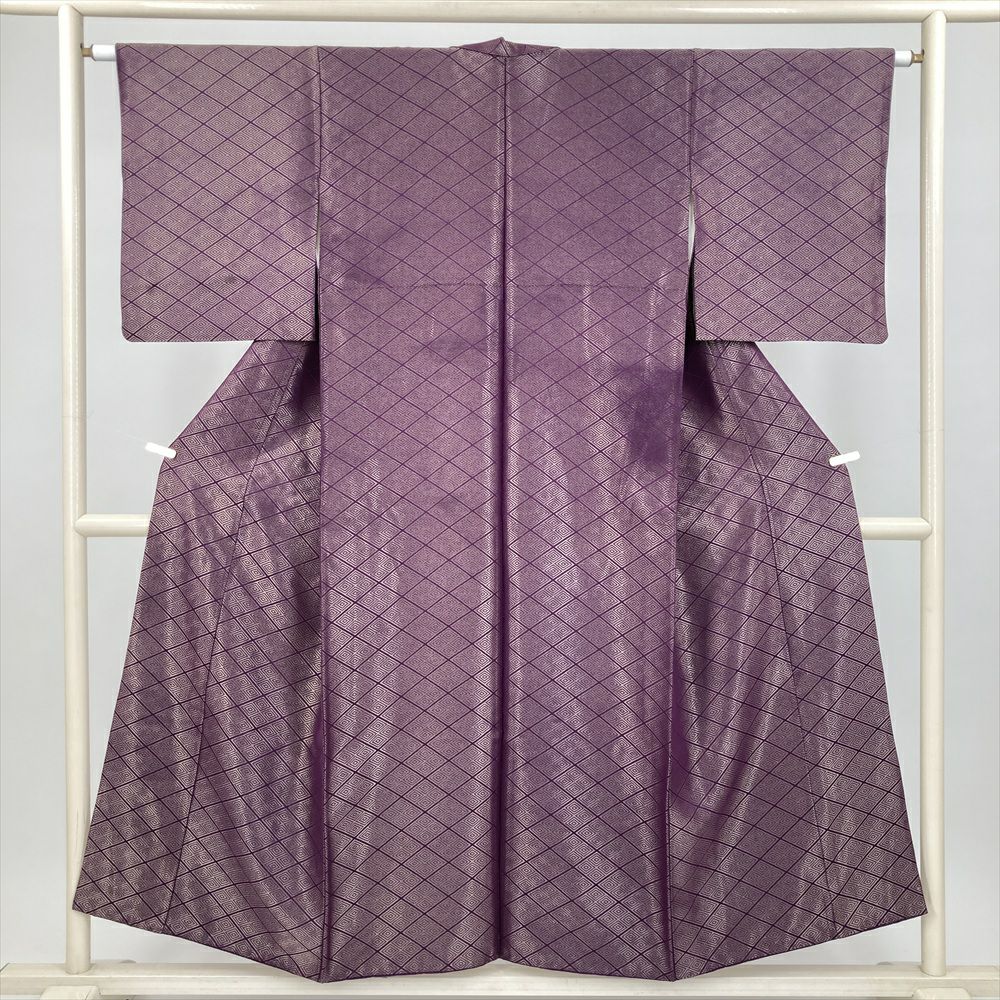 中古） 紬 紫 カジュアル 菱文 袷 絹【身丈】145.5cm【裄丈】63cm