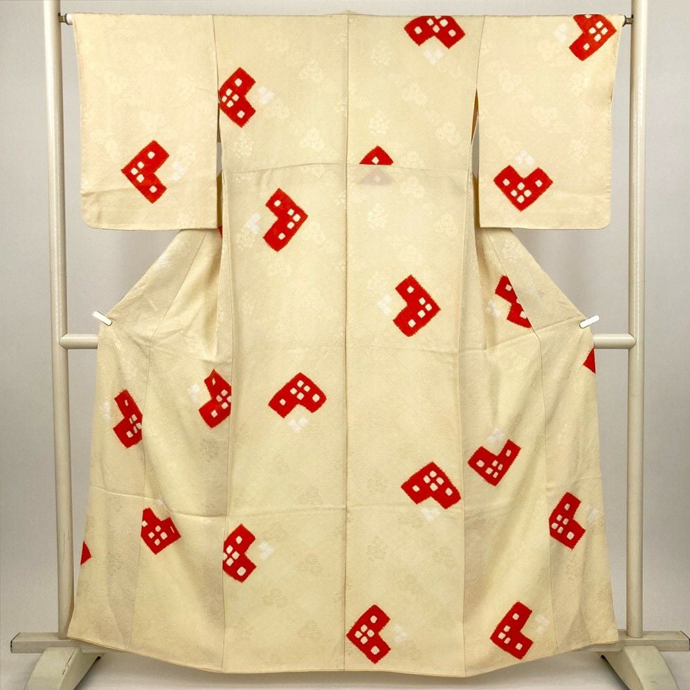 中古） 小紋 灰赤紫 カジュアル 葵 袷 絹 【身丈】151cm【裄丈