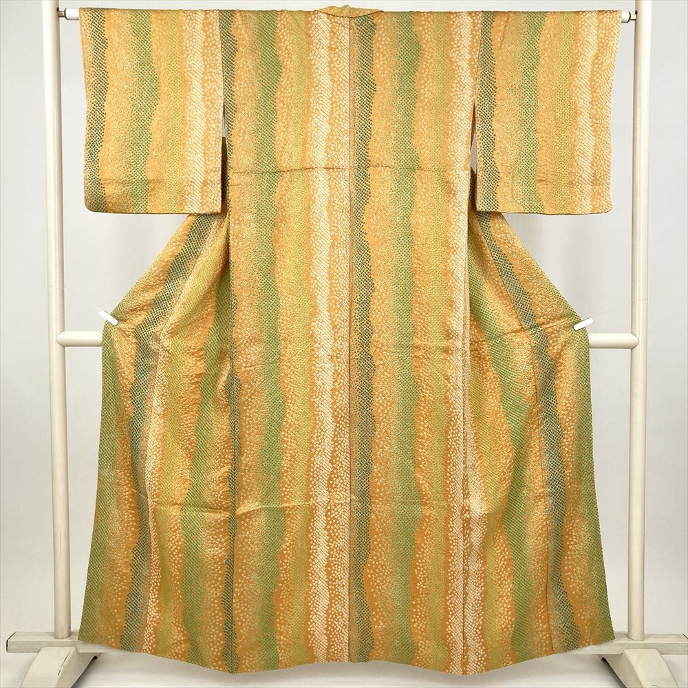 小紋 着物 中古 正絹 袷 カジュアル 絞り染め 老緑色 黄土色 身丈155.5cm 裄63.5cm SA きもの北條 A1352-3 小紋 着物 中古 正絹 袷 カジュアル 絞り染め 老緑色 黄土色 身丈155.5