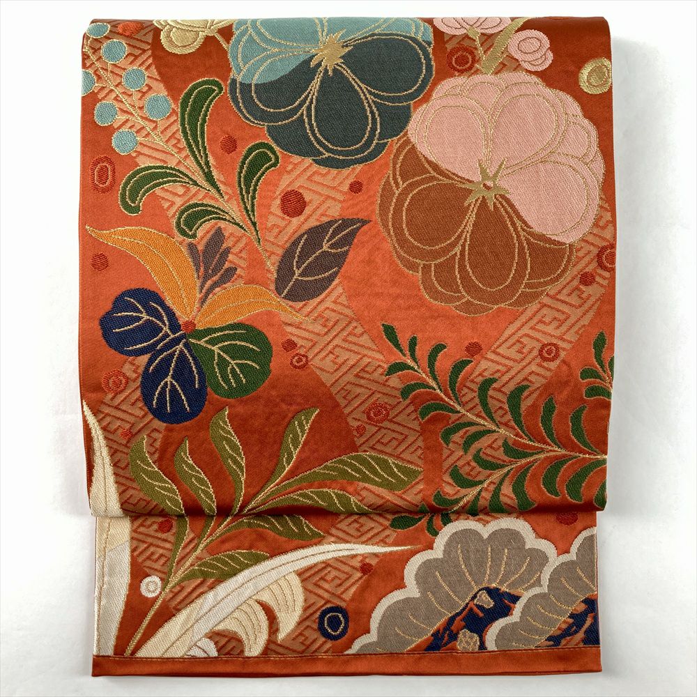中古）振袖用袋帯 緑 フォーマル 六通 金糸 変わり七宝柄 鳳凰