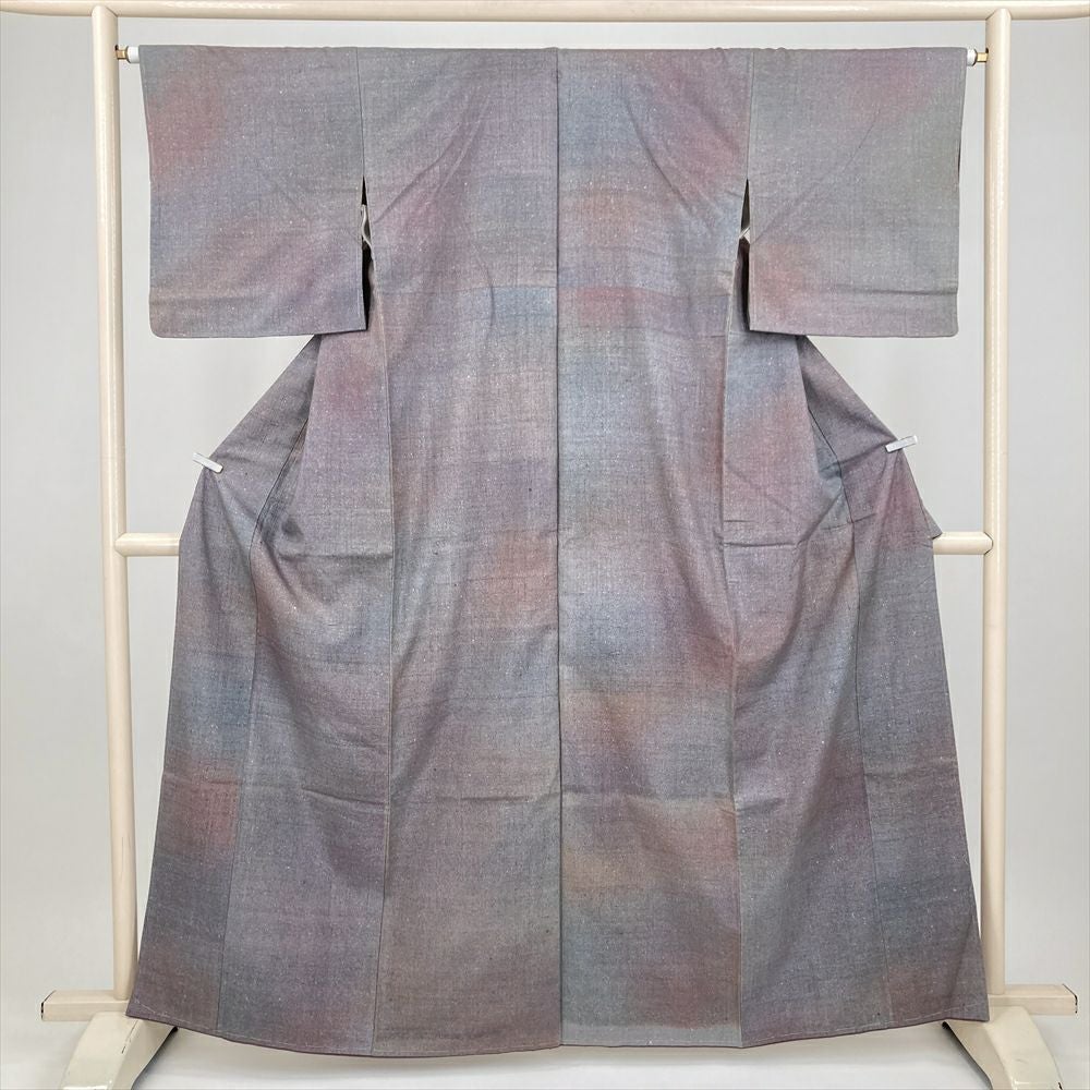 中古）紬 赤 カジュアル 横段 幾何学 袷 S【身丈】158.5cm【裄丈】65.5cm