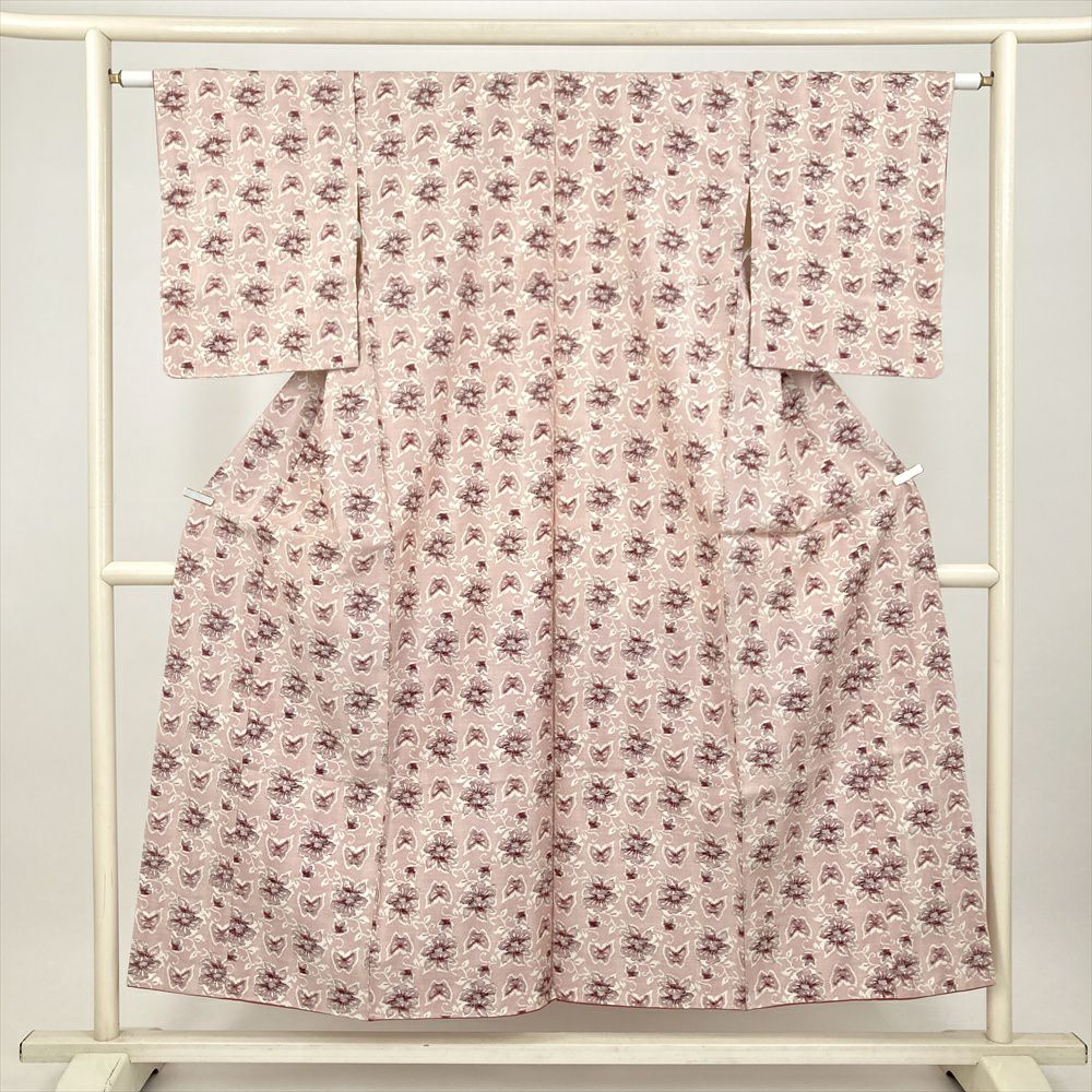中古） 紬 ピンク カジュアル 花 蝶 袷 絹【身丈】145cm【裄丈】61.5cm