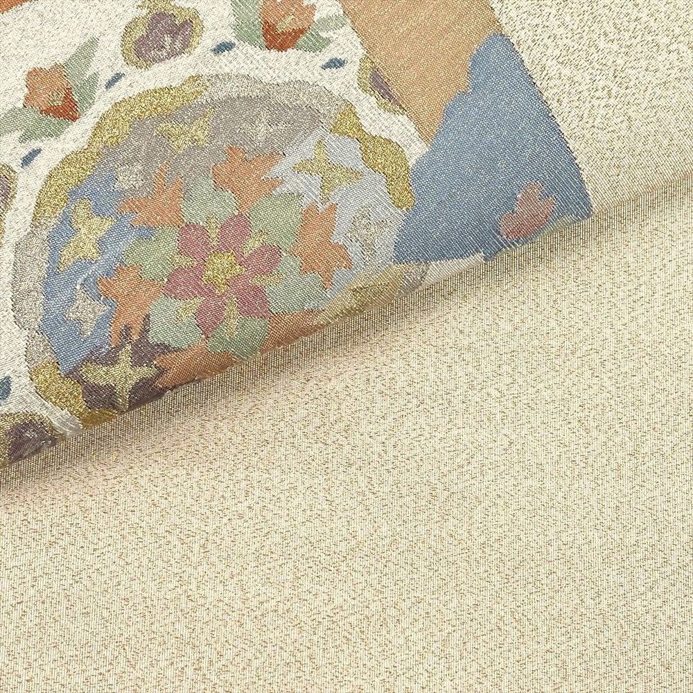 中古）名古屋帯 白 金 セミフォーマル 松葉仕立て 綴れ織り 花 絹