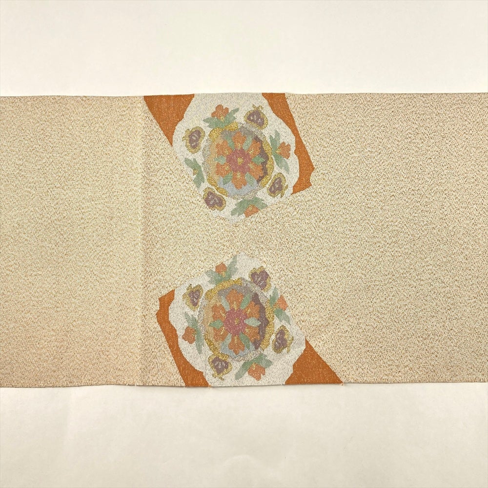 中古）名古屋帯 白 金 セミフォーマル 松葉仕立て 綴れ織り 花 絹