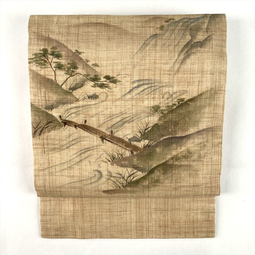 中古）夏名古屋帯 ベージュ カジュアル 名古屋仕立て 織り 風景 手描き 麻