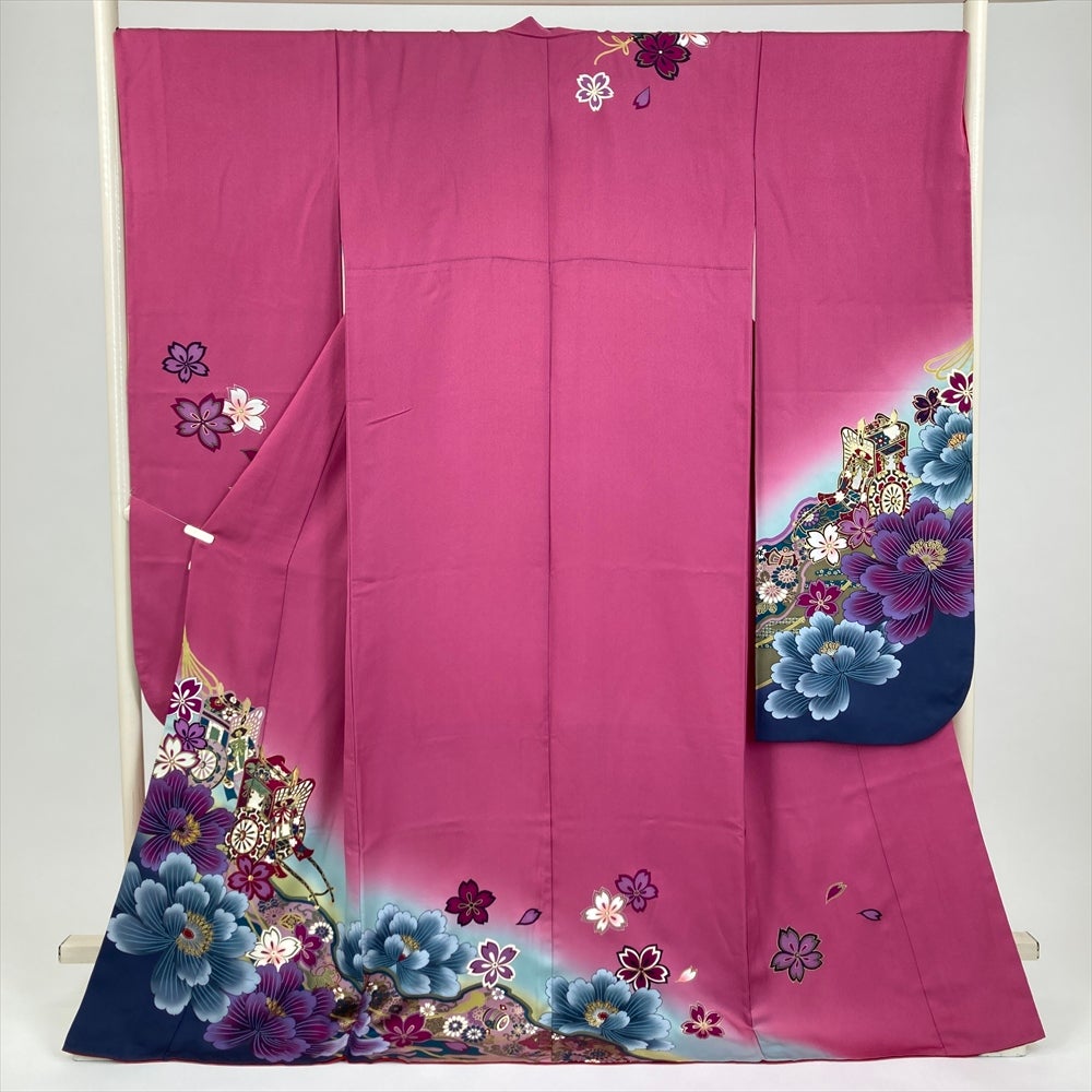 C5 美品 蝶々に花々模様 金駒刺繍 金彩 薄紫×ピンク 正絹 袷 振袖 着物 中古）振袖 ローズ フォーマル 金通し ぼかし染め 花 シルエット 袷 M